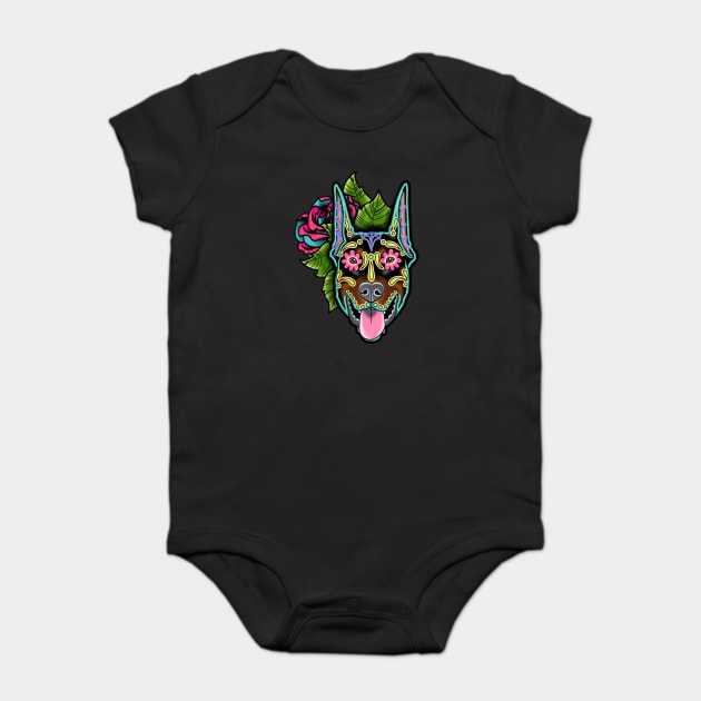 Doberman - Cropped Ear Edition - Day of the Dead Sugar Skull Dog Baby Bodysuit by prettyinink